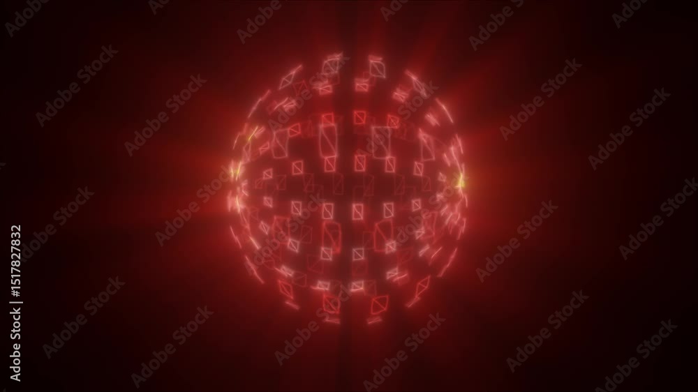 Poster abstract red glowing sphere composed of floating polygonal shapes, radiating light from the center