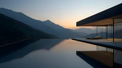 Modern Infinity Pool With Mountain View At Sunset