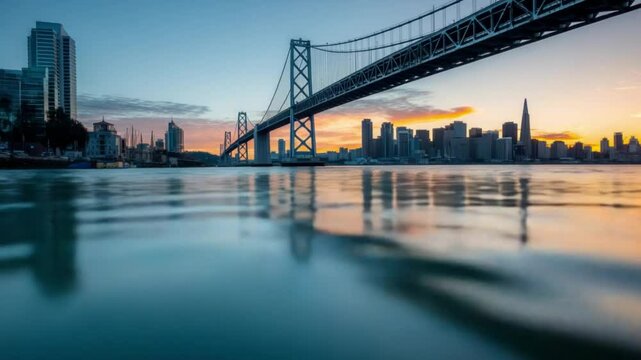 Bay Bridge at Dawn: A captivating panorama unfolds as the majestic Bay Bridge, silhouetted against the soft hues of a predawn sky, stretches across the calm waters, leading to a distant cityscape.