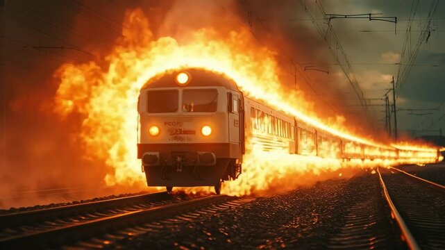 A modern passenger train speeds down the railway tracks while engulfed in intense flames, creating a fiery trail under a dark sky. A dramatic and dangerous moment filled with urgency and destruction.