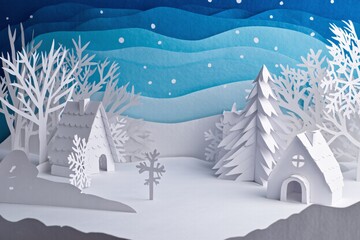 Paper Origami Winter Wonderland. A serene winter landscape made from paper layers, featuring origami snowflakes, frosted trees, and a paper igloo. The background includes a gradient blue sky