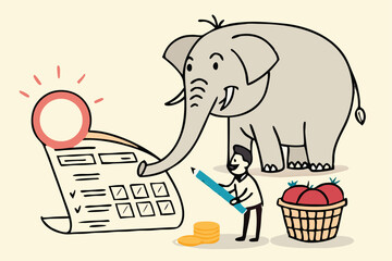 Cartoon Elephant and Man Completing Checklist Together – Whimsical Teamwork, Productivity and Goal Achievement Concept Illustration.