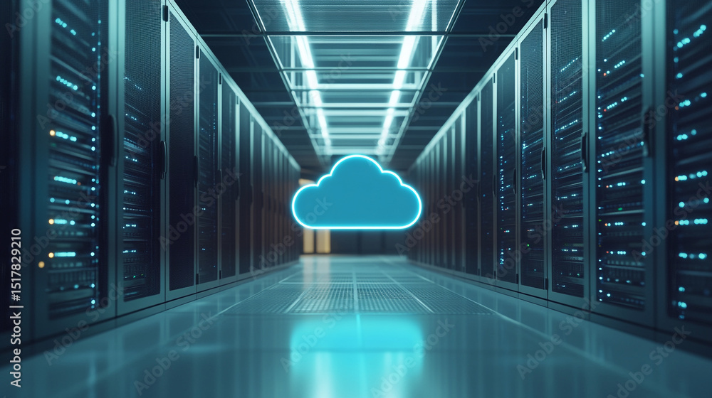 Poster a server room with rows of servers and a glowing cloud in the center of the passageway
