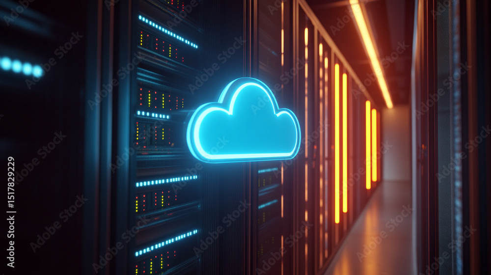 Poster close up of a glowing cloud symbol in a server room with orange lights and data storage racks visibl