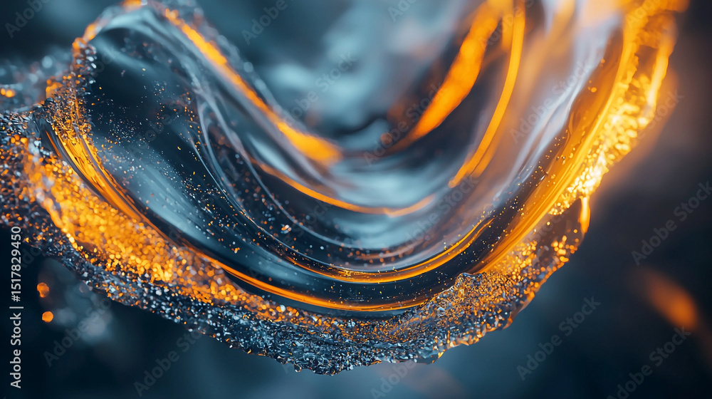 Poster abstract rendering of a fluid with blue and orange hues and intricate details in a dark background
