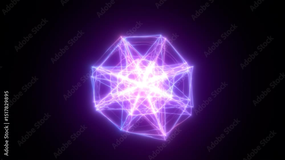 Poster luminous violet geometric shape with intense core glow and dynamic light webs on a dark background