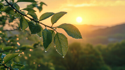 A close up of leaves with water droplets against a blurry sunrise background in the countryside