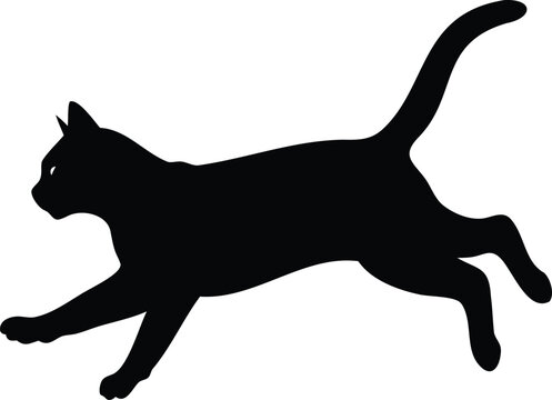 Black cat silhouette leaps with grace and energy across a white backdrop