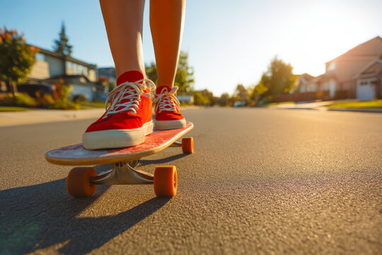 Person riding skateboard on suburban street during sunset