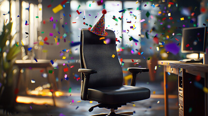 Office chair with party hat amidst confetti in a blurred office environment with desks and computers