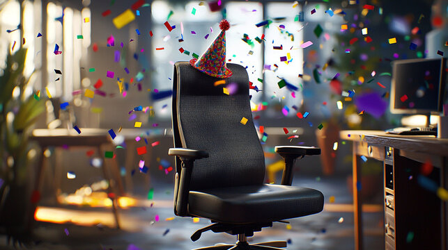 Office chair with party hat amidst confetti in a blurred office environment with desks and computers