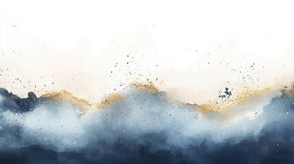 Abstract watercolor landscape featuring flowing blue hues accented by glittering gold splatter on a white backdrop