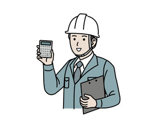 見積、電卓を持つ電機工事士の男性のイラスト