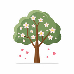 Blossom Tree of Love: A whimsical cartoon illustration depicts a flourishing tree adorned with delicate blossoms and charming floating hearts.