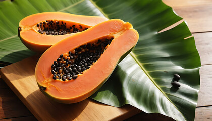 imaga of papaya, revealing vibrant orange flesh and a cavity filled with glossy black seeds