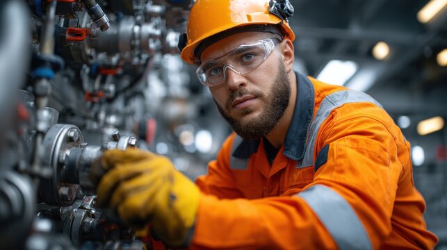 A man in an orange safety suit is working on a machine