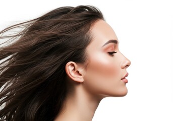 Naklejka premium Profile portrait of a woman with blowing hair and makeup
