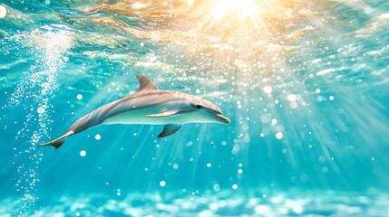 Underwater Profile of Dolphin Swimming Calmly in Sunlit Ocean