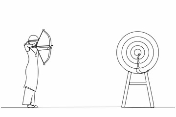 Obraz na płótnie Canvas Single one line drawing blindfold Arabian businesswoman holding bow arrow looking for target. Trying to achieve goal without vision. Modern continuous line draw design graphic vector illustration