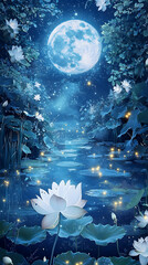 Obraz premium Mystical Moonlight Forest Pond With Lotus Flowers