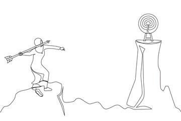 Single continuous line drawing Arab businesswoman standing on peak of cliff targeting dartboard with big arrow. Woman aiming target on cliff. Success business metaphor. One line graphic design vector