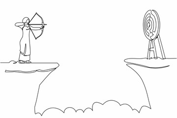 Single continuous line drawing Arabian businesswoman standing on cliff with archer in hand. Business target. Woman forced to successful. Shooting target with bow, arrow. One line graphic design vector