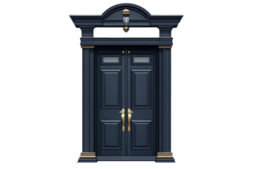 An inviting navy entrance embellished with gold hardware promising secrets on transparent background
