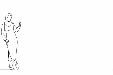 Single continuous line drawing Arabian businesswoman dressed in hijab wear showing thumbs up sign and leaning against the wall. Deal, like, agree, approve, accept. One line draw graphic design vector