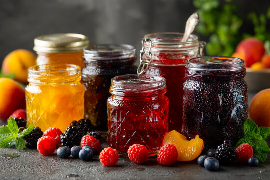 Assortment of fruit jams and preserves with fresh berries and peaches on a dark surface