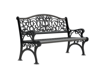 A beautifully ornate cast iron park bench inviting quiet moments under on transparent background