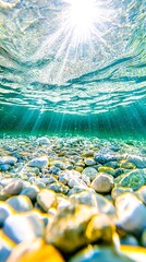 Underwater Sunlight Illuminating Smooth River Stones