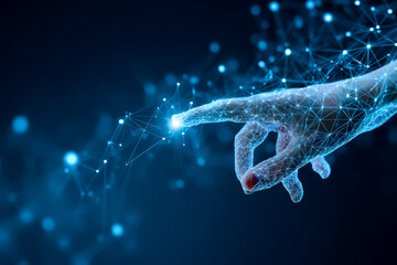 Digital hand interacting with glowing network connections in a futuristic technology concept