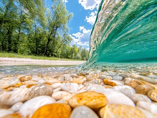 Underwater View of a Wave Breaking Over Smooth Pebbles