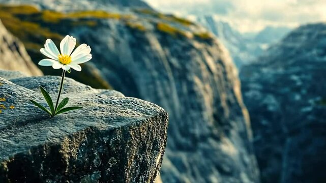 Solitary white flower blooms atop a dark, textured rock precipice overlooking a vast, mountainous landscape