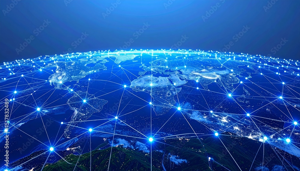 Poster digital visualization of a wireless communication network mapped over a mountainous landscape, with 