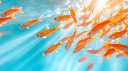 Underwater Wide Angle View of a School of Orange Fish Swimming in Blue Water