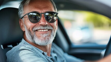 Happy stylish senior man in sunglasses driving a car