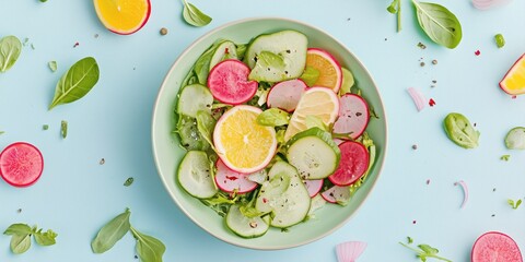 Top view of a colorful fresh salad with cucumber, radish, citrus, and greens on a blue background. Healthy, vibrant, and clean composition perfect for diet, wellness, or cooking themes..