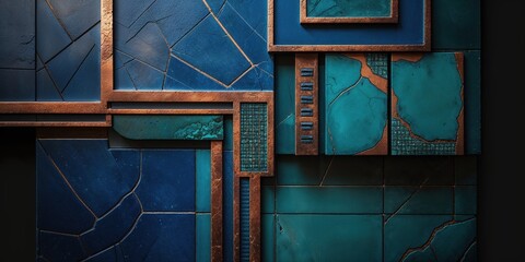 Abstract Geometric Tile Pattern in Rich Teal and Blue with Cracked Copper Accents and Texture Detail