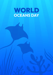 A poster for World Oceans Day featuring two stingrays. The poster is blue and white. The stingrays are shown in the water, with one on the left and the other on the right