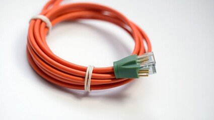 A coiled orange ethernet cable with a green connector secured by white rubber bands on a white surface
