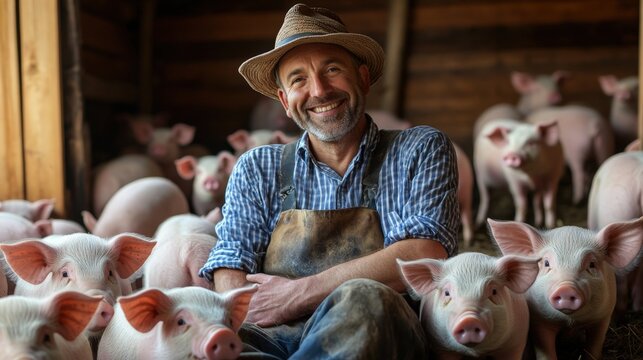 Happy farmer in hat sitting among many cute piglets indoors