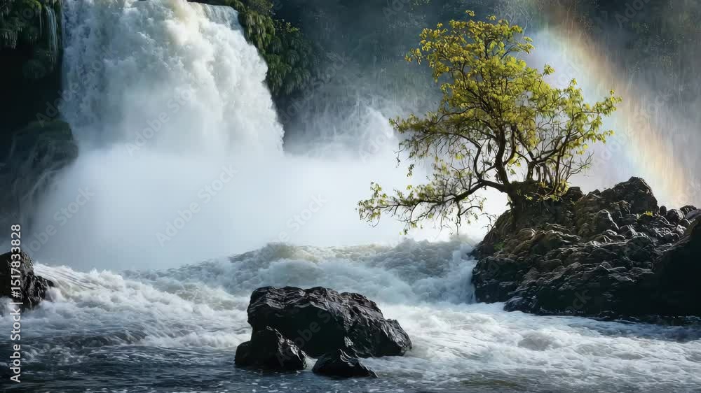 Poster a lone tree grows on rocks beside a powerful waterfall, surrounded by mist and a faint rainbow.