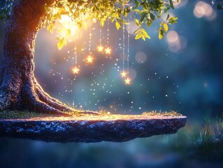 Upside Down Tree with Glowing Stars in a Dark Forest