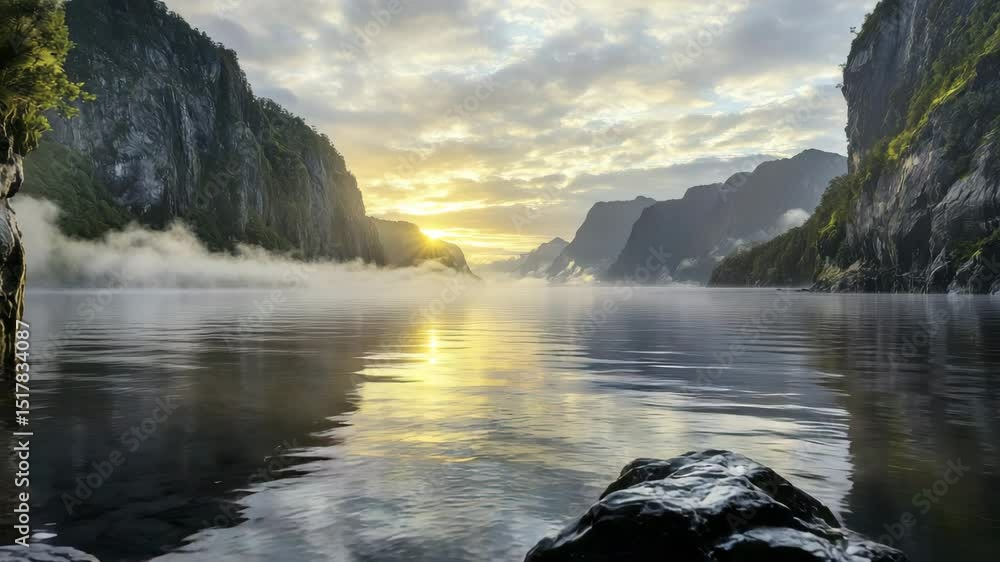 Poster a tranquil lake at sunrise, surrounded by towering cliffs with mist floating above the calm water an