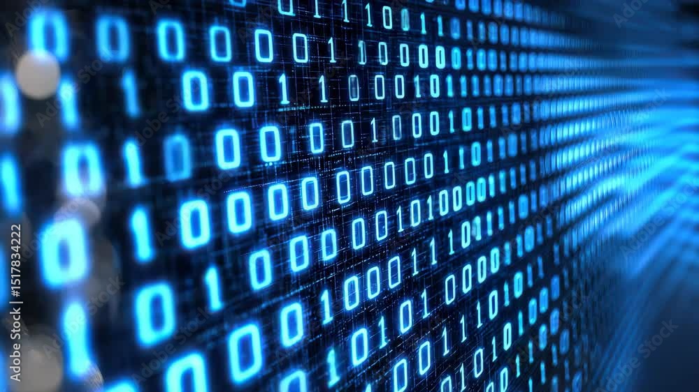 Aufkleber A glowing digital screen displays rows of binary code in blue, symbolizing data and technology.