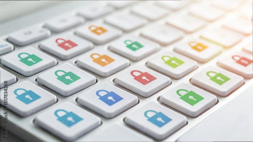 Poster colorful lock icons on keyboard for digital security concept