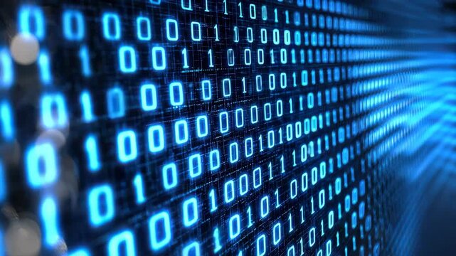 A glowing digital screen displays rows of binary code in blue, symbolizing data and technology.