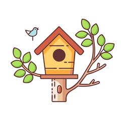A whimsical illustration of a birdhouse on a branch with a bird above