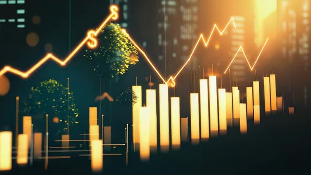 Digital graphs and bar charts blend with green trees, symbolizing sustainable growth in a modern city environment at sunset.